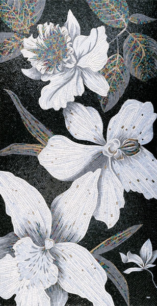 Мозаичное панно Белые орхидеи из стеклянной мозаики для решения ванной комнаты